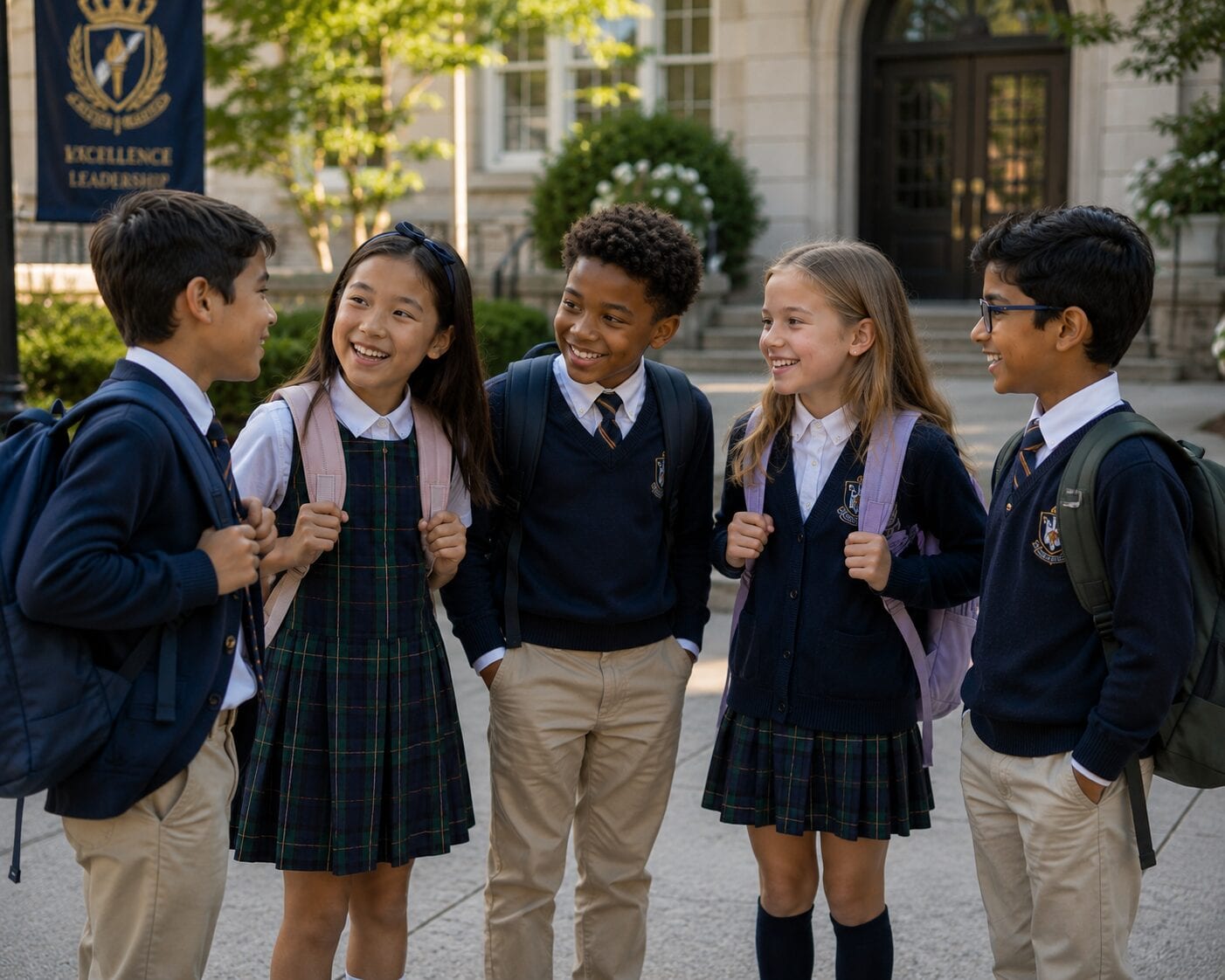 Schoolchildren in uniform sharing a moment outside their academy