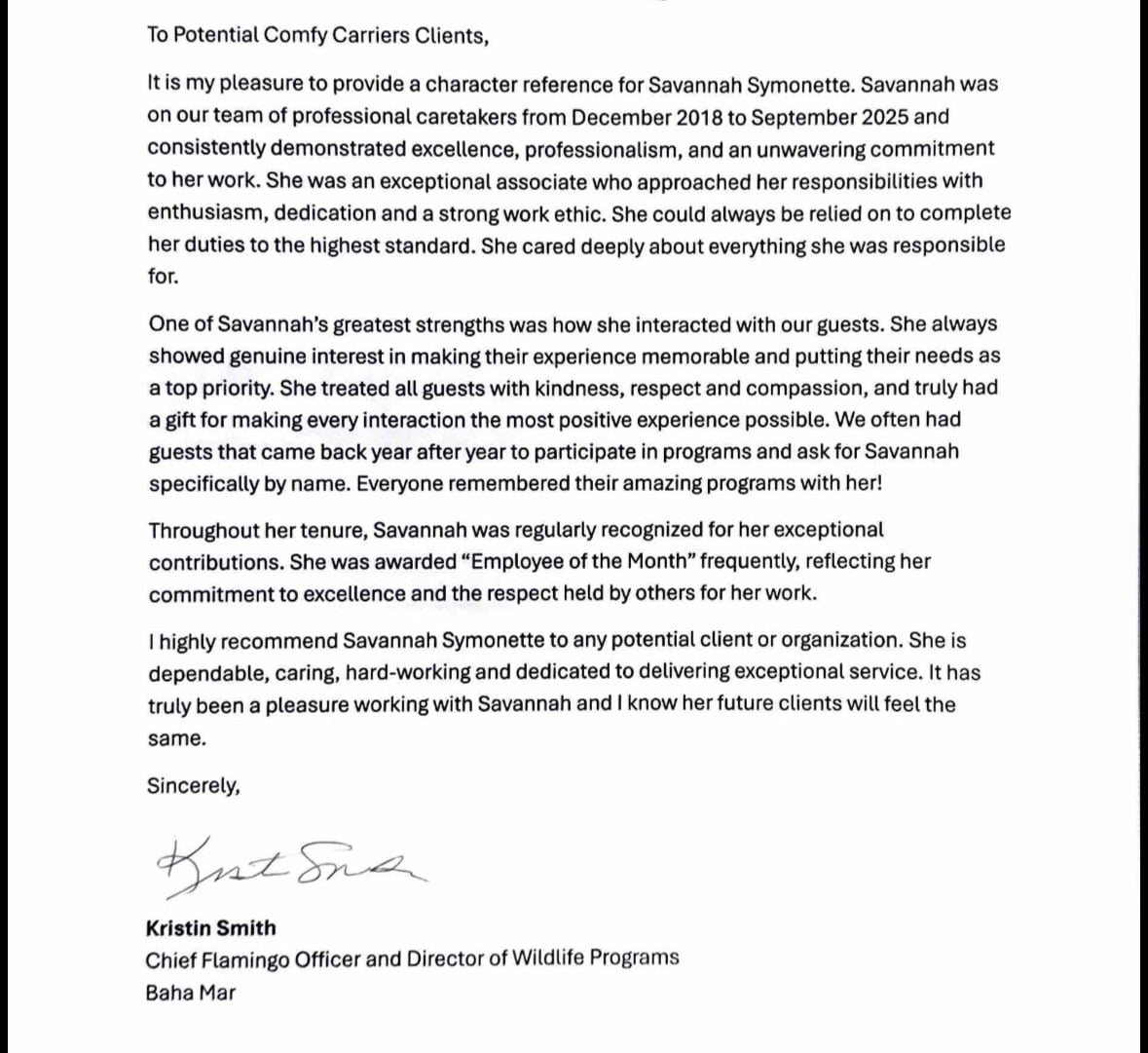 Character reference letter for Savannah