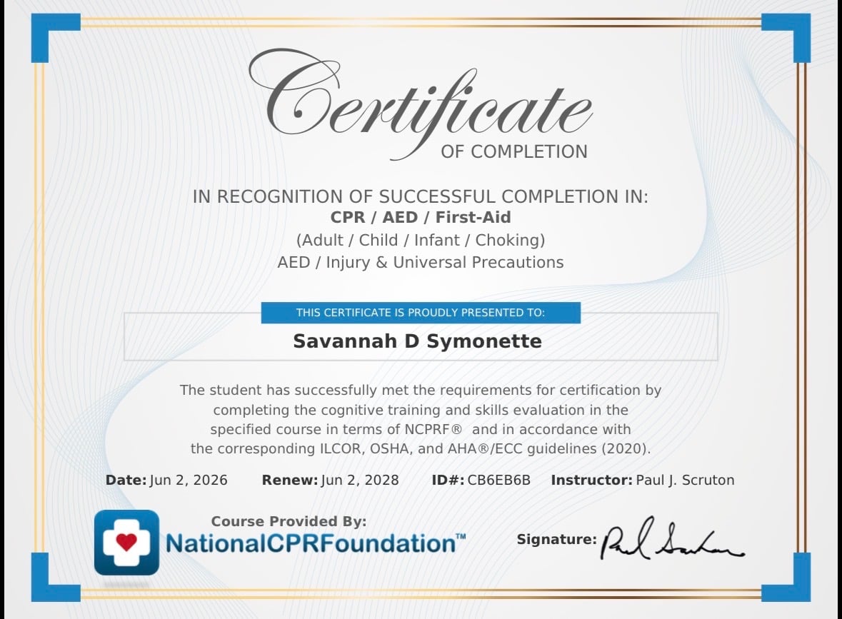 Savannah's CPR and First Aid certification