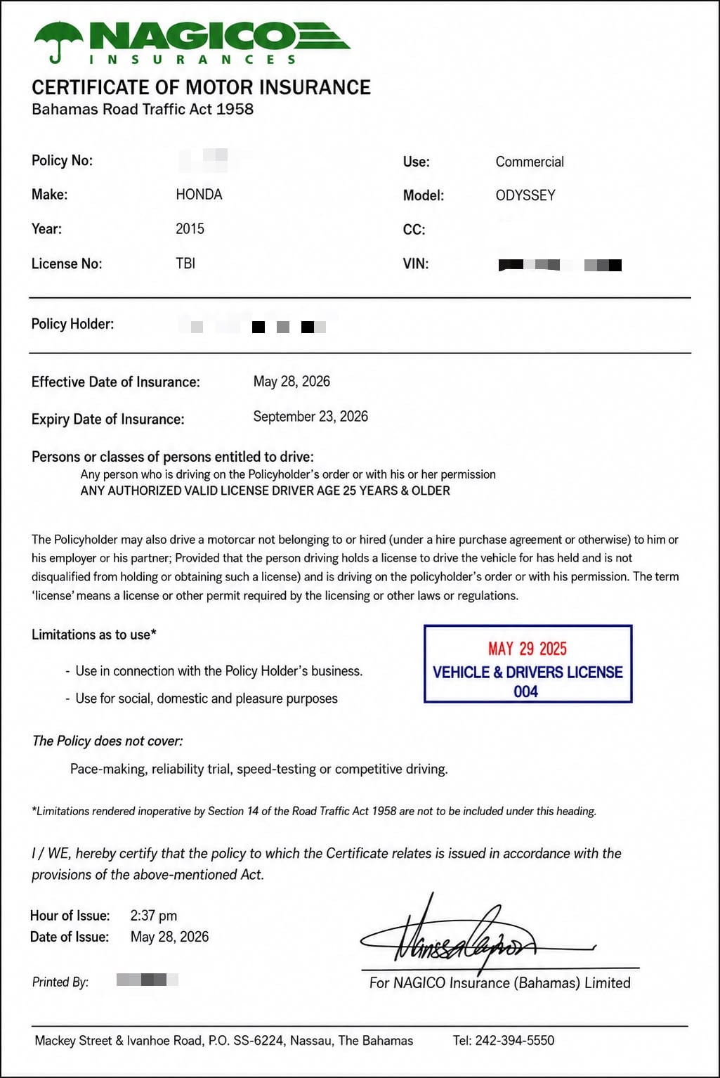 Savannah's vehicle insurance policy